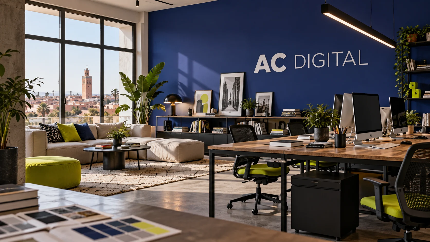 Projection illustrative d’un bureau AC Digital en bleu et vert citron