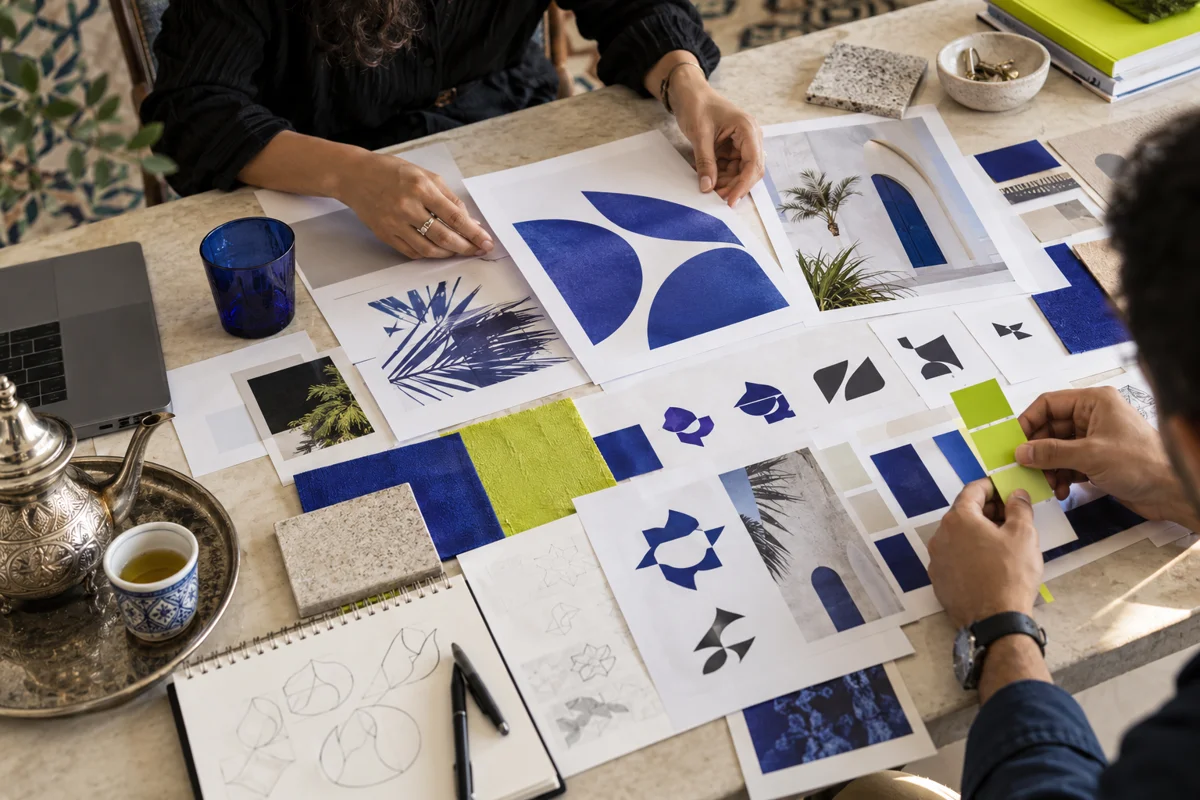 Mains de graphiste organisant des recherches de logo et des échantillons de couleurs sur un bureau