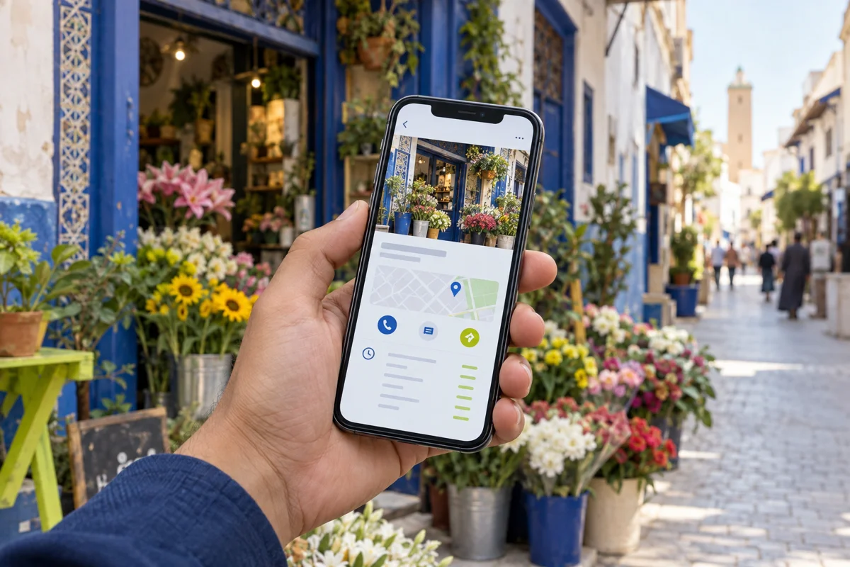 Exemple illustratif de fiche d’établissement consultée sur un téléphone devant un commerce