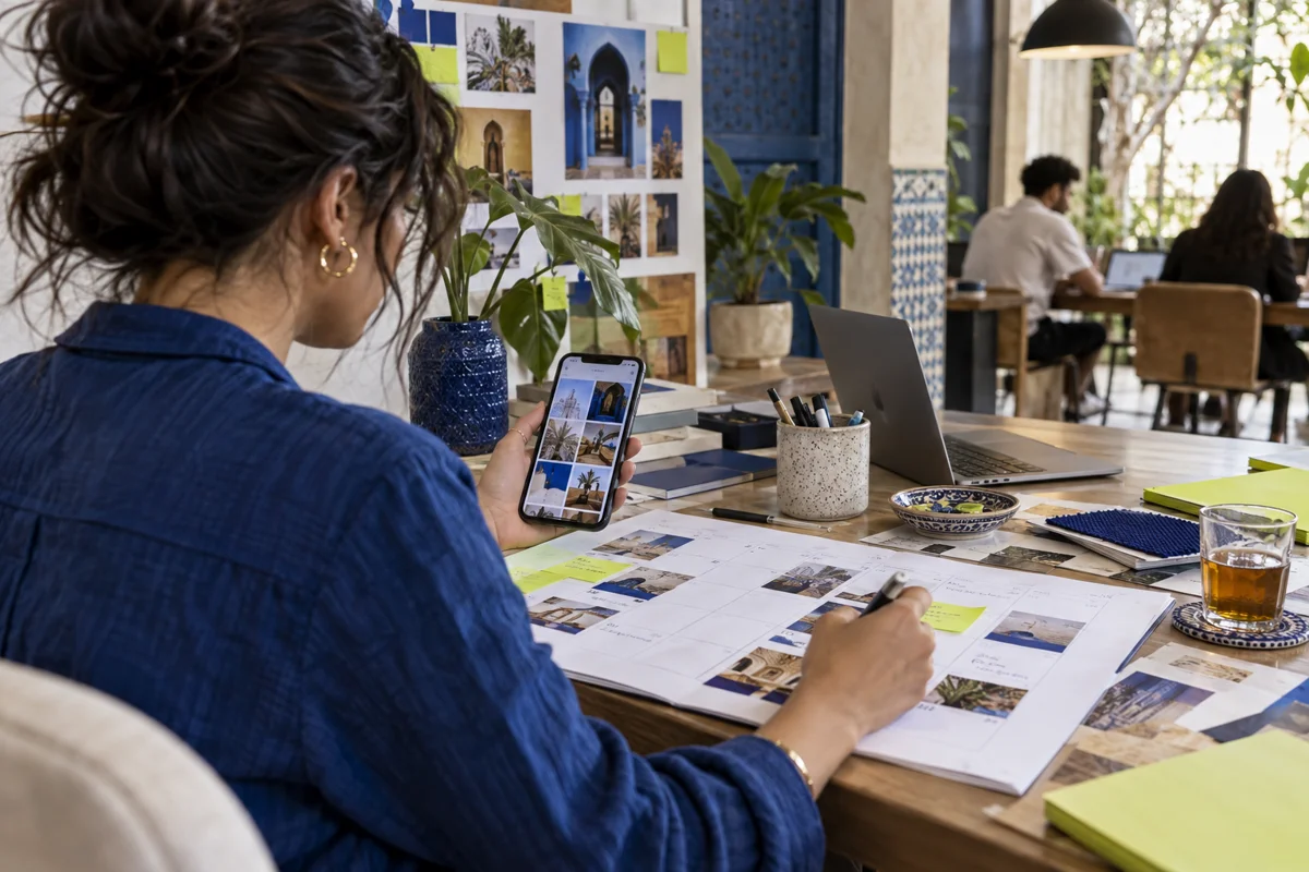 Préparation d’un calendrier de publications avec un téléphone et des références visuelles