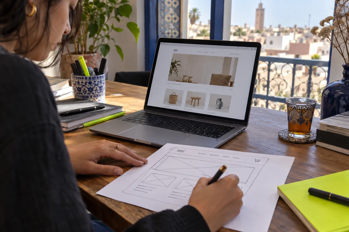 Conception de maquettes de site sur papier à côté d’un ordinateur