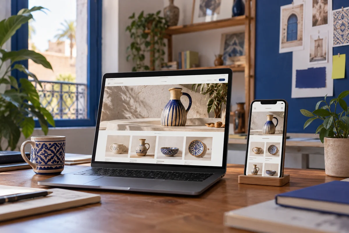 Illustration d’une boutique en ligne adaptée à l’ordinateur et au téléphone